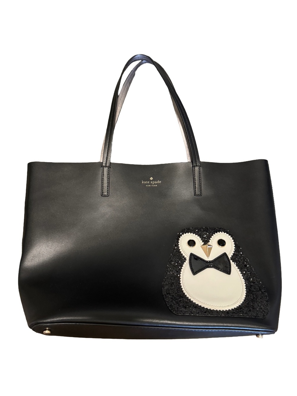 kate spade Black Leather Tote with Penguin Applique